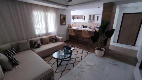 El AouinaIdeal Appart El Wahat VIP的带沙发的客厅和厨房