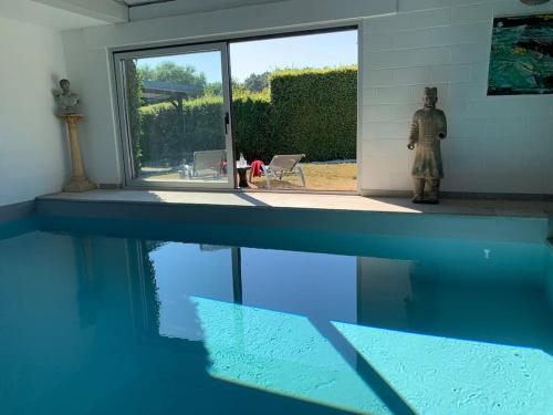 LasneLovely 1-bedroom appartement Le Joyau with indoor pool and sauna的站在游泳池旁的人
