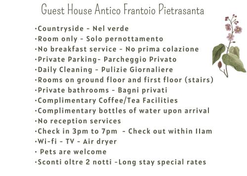 彼得拉桑塔Guest House Antico Frantoio Pietrasanta Affittacamere的一份旅馆印度印度塔卡的菜单