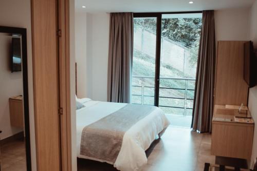 卡利Antope - Apartaestudios的一间卧室设有一张床和一个大窗户