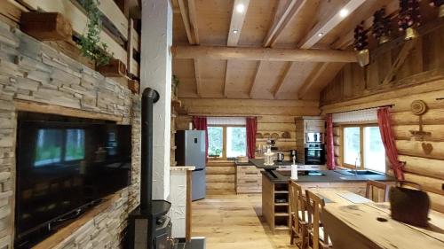 施坦察赫Ferienhaus - Chalet - Lechtraum的小屋内的厨房设有木墙和电视。