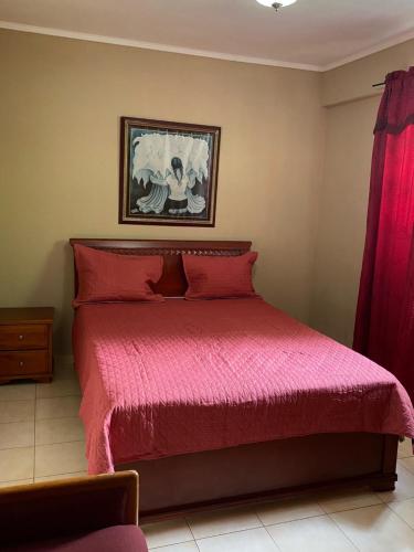 巴拿马城Canal Inn B&B Panama的一间卧室配有一张红色床罩的床