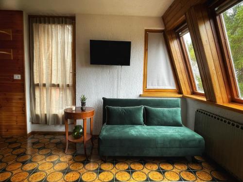 皮拉Emma’s Tiny House的客厅设有绿色沙发和窗户。
