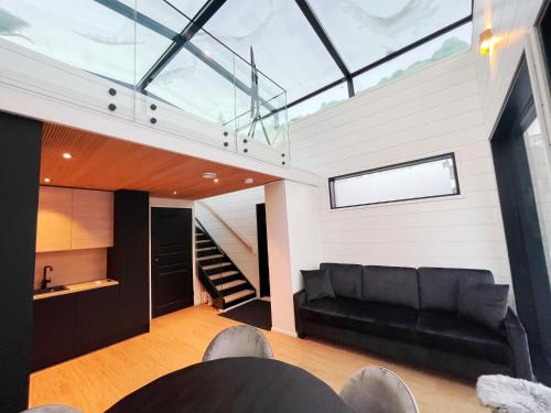 锡尔卡Arctic Iglu Levi的客厅设有黑色沙发和玻璃天花板