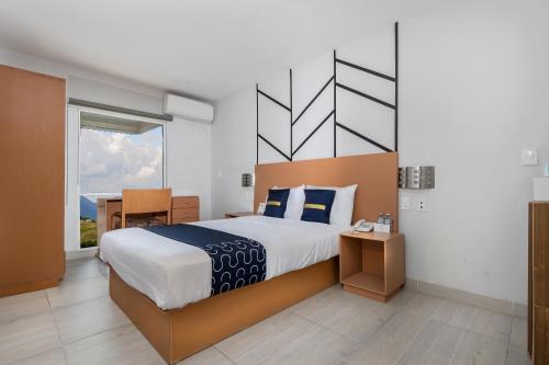 托雷翁Hotel Plaza Regina Torreon的酒店客房设有一张大床和一张书桌。