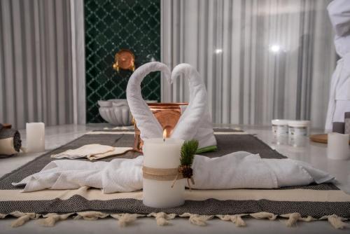 谢尼察Hotel Borovi Forest Resort & Spa的桌子上摆放着毛巾和蜡烛