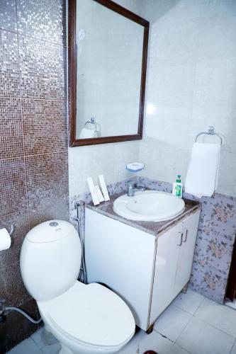 新德里Fortune Home Service Apartment 3Bhk,E-28 Saket 1B的一间带卫生间、水槽和镜子的浴室