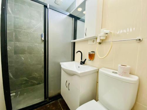 伊斯坦布尔机场最佳酒店的浴室配有卫生间、盥洗盆和淋浴。