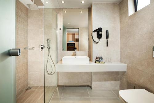 卡尔扎迈纳Porto Bello Beach Hotel的一间带水槽和淋浴的浴室