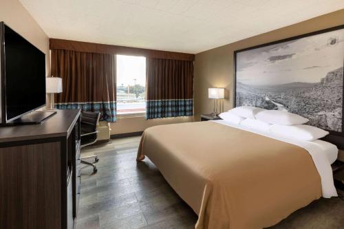 拉雷多Super 8 by Wyndham Laredo的一间酒店客房,配有一张大床和一台平面电视