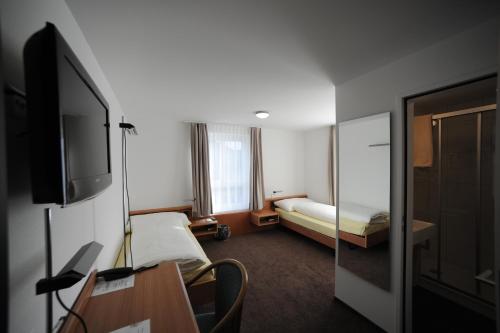 安特拉格里Hotel Freihof Swiss Lodge的一间酒店客房,配有一张床和一台电视