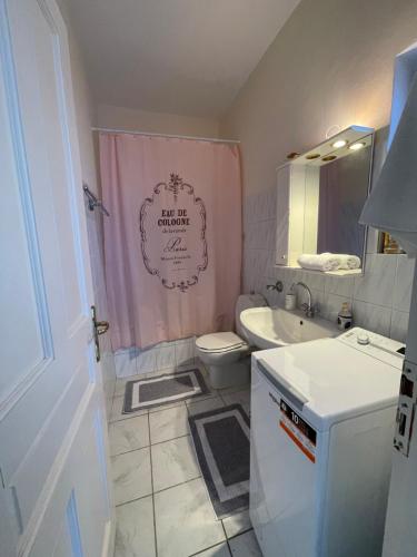 克拉法吉亚Tersanas Beach Apartments的一间带粉红色淋浴帘和卫生间的浴室