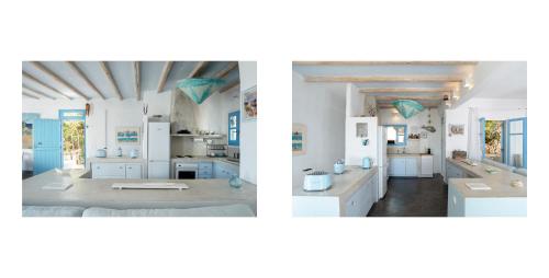 皮索利瓦迪Morfia Villas的浴室的两幅照片,白色和蓝色
