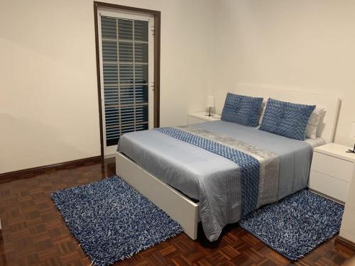 阿马兰特Centro da cidade Amarante的一间卧室配有一张带蓝色枕头的床和一扇窗户。