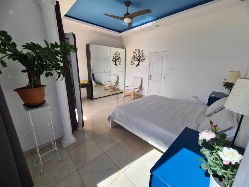 大加那利岛拉斯帕尔马斯Francisco's Holiday Home的一间卧室设有一张床和蓝色的天花板