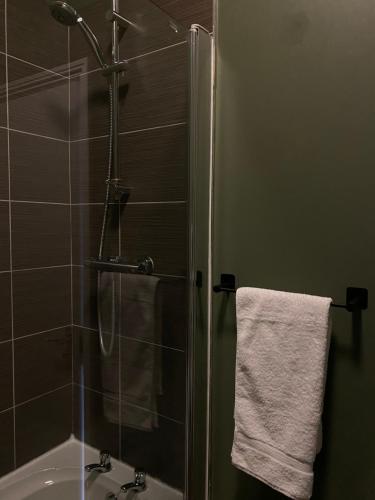 WylamShip Inn Stays Ltd的带淋浴和白色毛巾的浴室