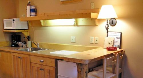 温索普Chewuch Inn & Cabins的厨房配有带水槽和台灯的台面