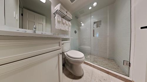 斯诺马斯村Timberline Condominiums Two Bedroom Deluxe Unit D1D的白色的浴室设有卫生间和淋浴。