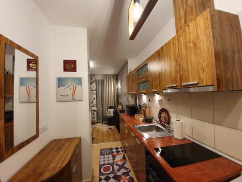 波罗维茨Pinewood ANG Apartment, Semiramida Borovets Hills的一个带木制橱柜和水槽的厨房