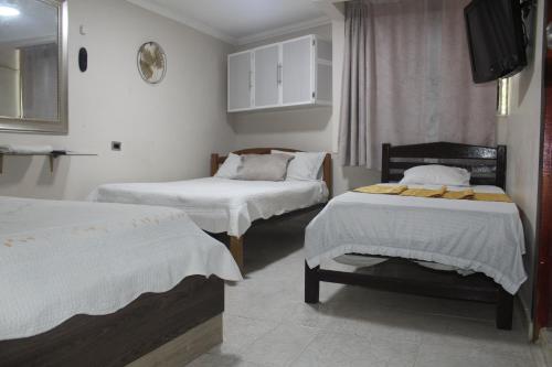 里奥阿查HOTEL PRIMAVERA RIOHACHA的一间设有两张床和一台电视的房间