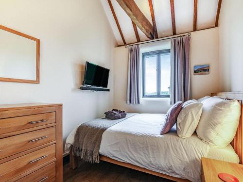 DoddingtonFlint Barn的一间卧室设有一张床、一台电视和一个窗口。