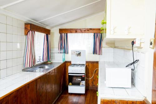 Naro Moru纳罗莫鲁河山林小屋的小厨房配有炉灶和水槽