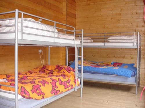Ban-sur-Meurthe-ClefcyGrand Valtin : chalet écolo 4 étoiles 14 personnes的木墙客房的两张双层床