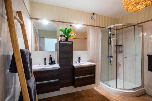 简蒂埃尔Tropicana Palm Penthouse Jan Thiel, Willemstad Curacao的一间带两个盥洗盆和淋浴的浴室