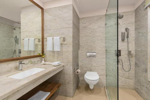 西姆拉Fortune Park Kufri, Shimla - Member ITC's Hotel Group的浴室配有卫生间、盥洗盆和淋浴。