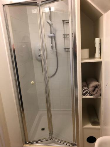 伦敦287号绿色车道酒店的浴室里设有玻璃门淋浴