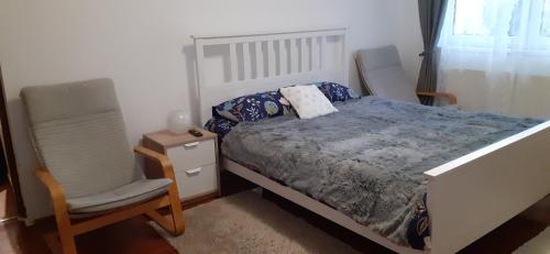 普雷代亚尔Apartament 2 cam Predeal的一间卧室配有一张床和一把椅子