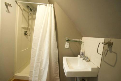 沃尔瑟姆Entire Cozy House near Moody St, Bentley, Brandeis的浴室配有淋浴帘和盥洗盆。