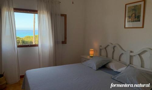埃斯卡洛Apto Mar de Es Caló, a metros de la playa - Formentera Natural的一间卧室设有一张床,享有海景
