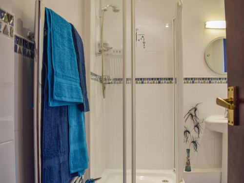 MarkinchRoseville Annex的浴室设有蓝色毛巾和淋浴。