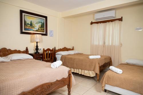 科马亚瓜Hotel Internacional Palmerola的酒店客房设有两张床和窗户。