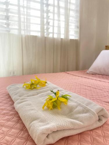 伊洛伊洛Balai Lawaan Cozy Homestay的两条毛巾,在粉红色床铺上方摆放着鲜花
