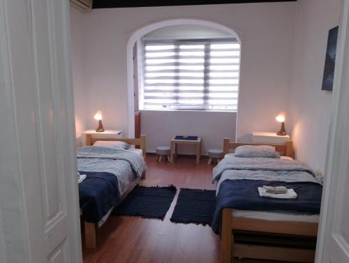 贝尔格莱德Mili Host的带窗户的客房内设有两张单人床。