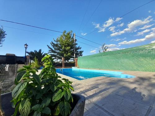 罗萨里奥Los trevi的一个带绿色围栏的庭院内的游泳池