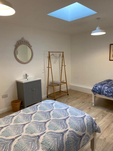 恩尼斯基林Island town Apartment的卧室配有一张床,墙上设有镜子