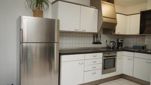 菲希特尔山区巴特贝内克Gemütliches Apartment in Bad Berneck的厨房配有不锈钢冰箱和白色橱柜