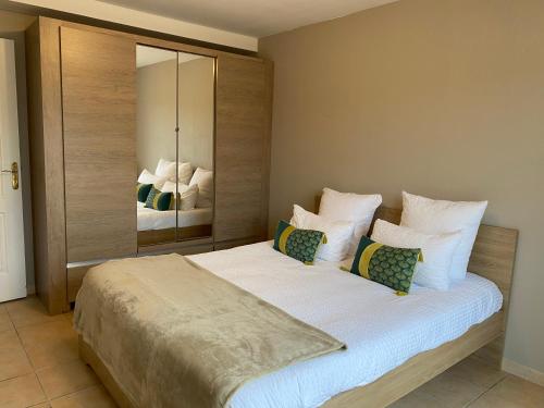 帕米耶Gîte du Mercadal Les Pujols的卧室配有一张带白色床单和枕头的大床。