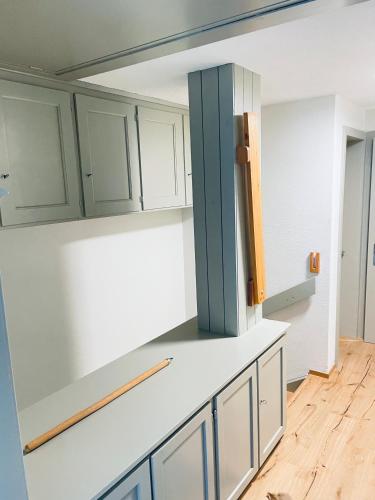 LinthalFerienhaus Granula的厨房配有白色橱柜和蓝色门