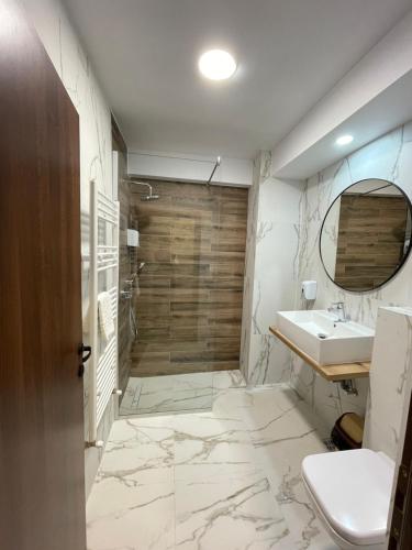 图尔恰城市酒店的一间带水槽和淋浴的浴室
