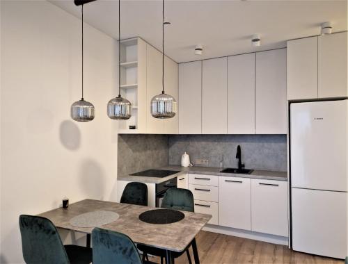 维尔纽斯Aurea apartment的厨房配有白色橱柜和桌椅