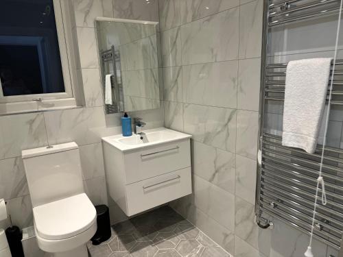 卡迪夫Stunning City Centre Apartments的一间带卫生间、水槽和镜子的浴室