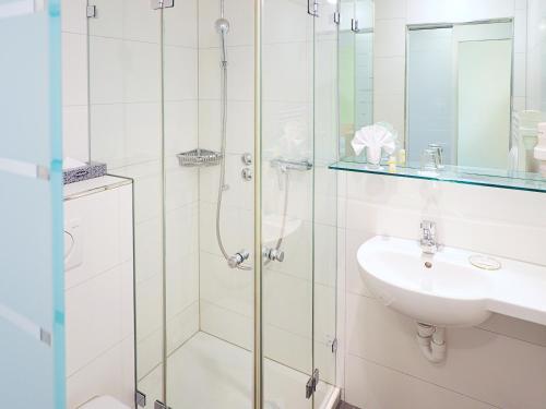 迪蒂孔萨梅劳提契诺瑞士品质酒店的带淋浴和盥洗盆的浴室