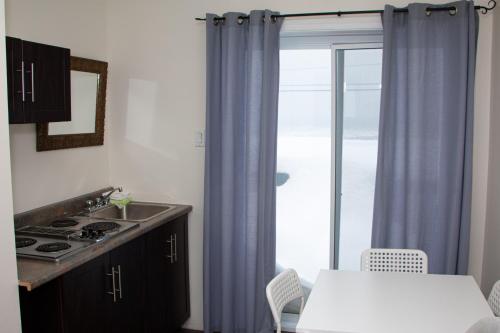 里穆斯基Motel de la mer的厨房配有水槽、炉灶和窗户。