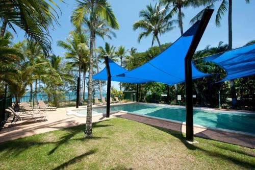 棕榈湾Ellis Beach Oceanfront Holiday Park的一个带蓝伞和棕榈树的度假游泳池
