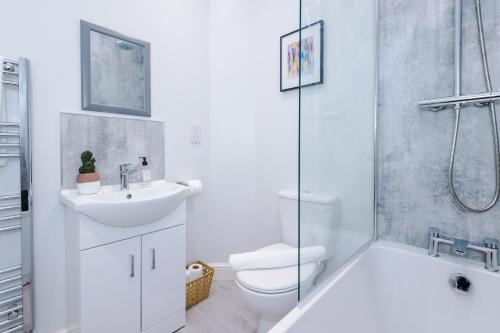 考文垂Beechwood Lodge Serviced Apartment的一间带水槽、卫生间和淋浴的浴室