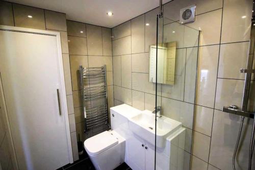 布里克瑟姆Boutique Apartment Brixham的浴室配有卫生间、盥洗盆和淋浴。